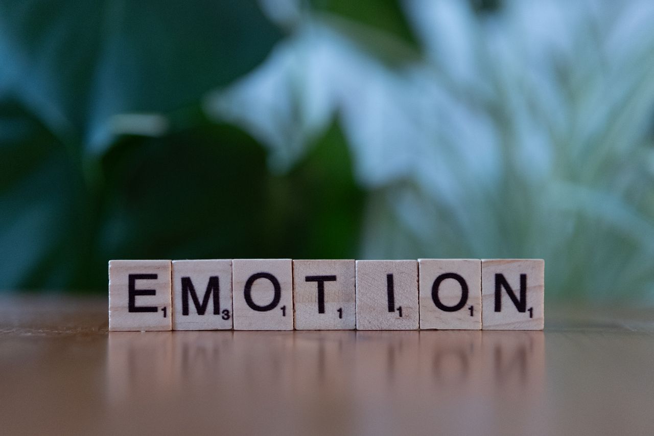 Wooden Scrabble tiles spelling 'Emotion' with a natural blurred background.
